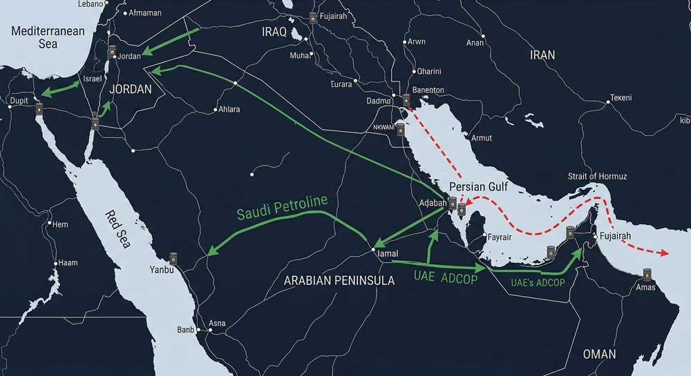 Gulf states pipeline alternatives bypassing Strait of Hormuz toll routes map