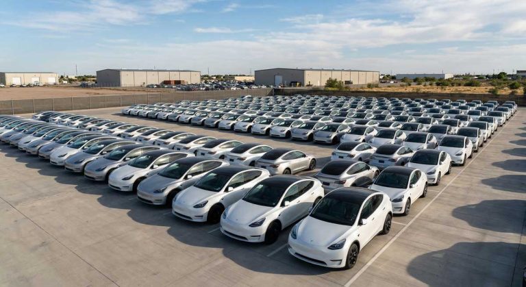 Tesla inventory crisis - rows of unsold Tesla vehicles at storage lot Q1 2026