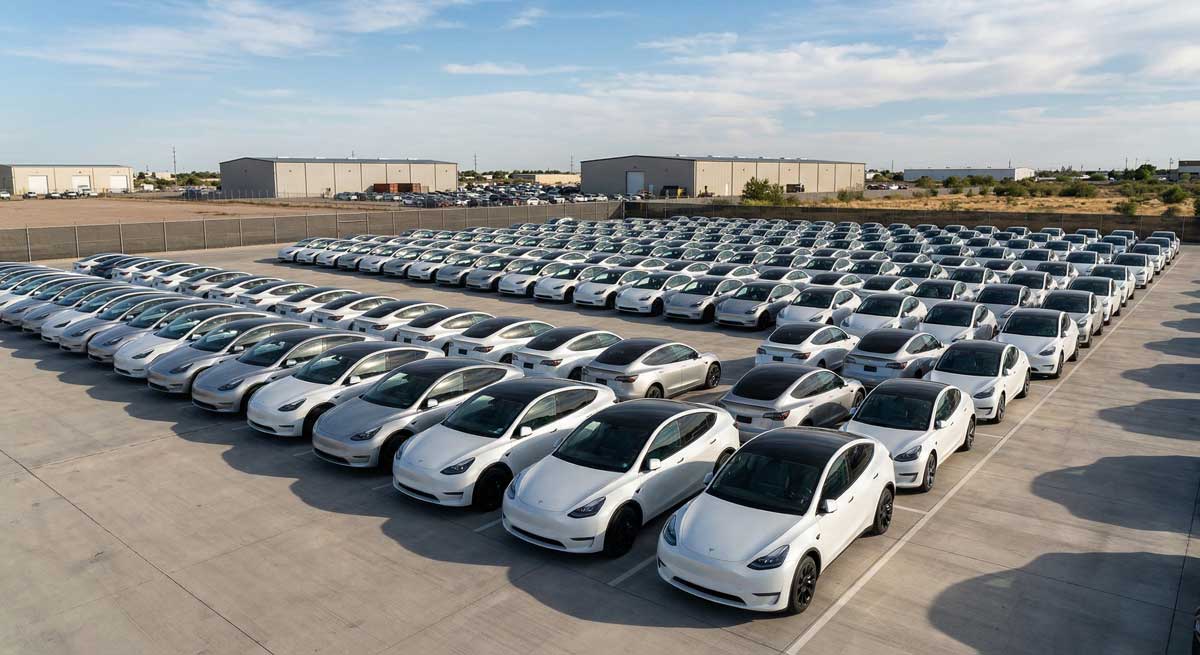 Tesla inventory crisis - rows of unsold Tesla vehicles at storage lot Q1 2026