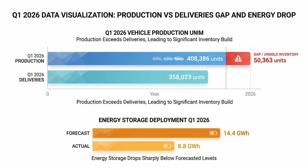 Tesla Inventory Crisis: 5 Shocking Reasons Why Buyers Win in 2026 2 Tesla inventory crisis Q1 2026 production vs delivery gap chart