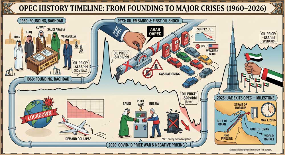 OPEC history timeline — UAE exits OPEC 2026 milestone