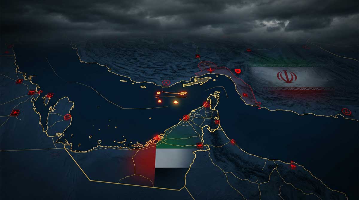 UAE strategy against Iran — Strait of Hormuz map showing Abu Musa and Tunb islands dispute 2026