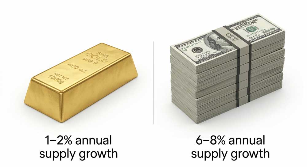 Gold vs US Dollar purchasing power annual supply growth comparison