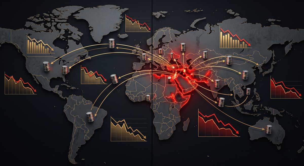US-Israel-Iran conflict global economic impact illustrated on world map