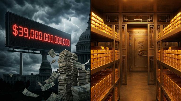 US National Debt and Gold Reserves divergence — debt clock versus gold vault split image