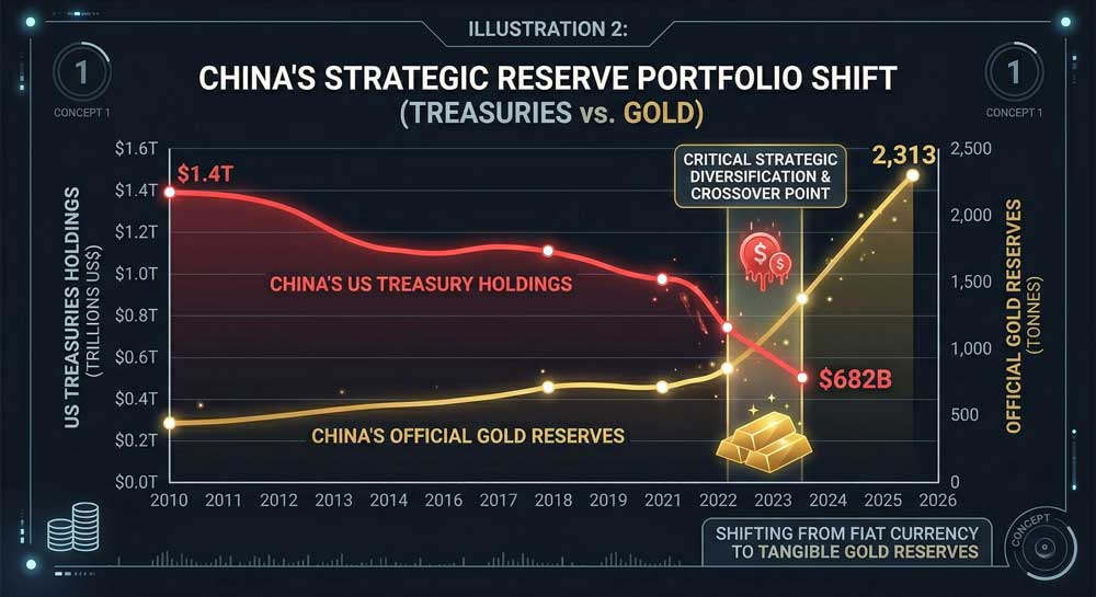 7 Explosive Facts: The $39 Trillion US National Debt and Gold Reserves Crisis Reshaping Global Finance 3 US national debt and gold reserves — China reducing treasuries while increasing gold reserves chart