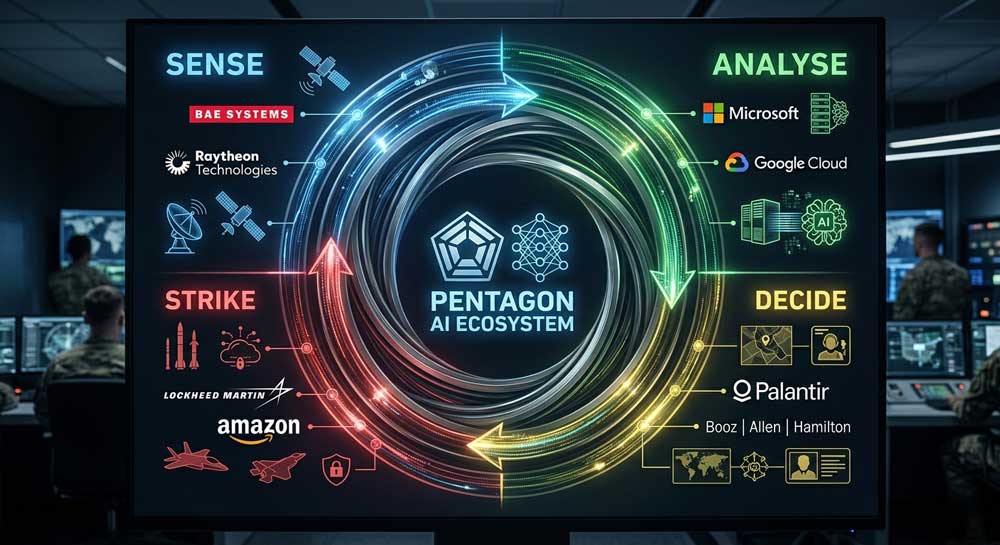 AI military technology ecosystem diagram showing Pentagon tech giant roles