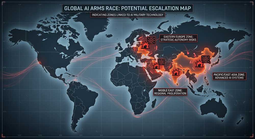 Global AI arms race escalation map linked to AI military technology