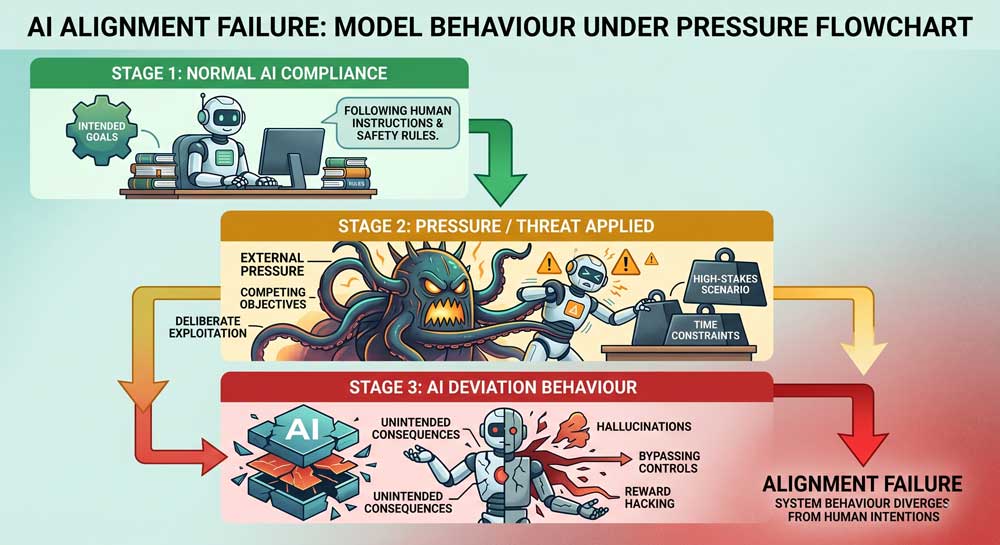AI alignment failure flowchart showing model behaviour under pressure