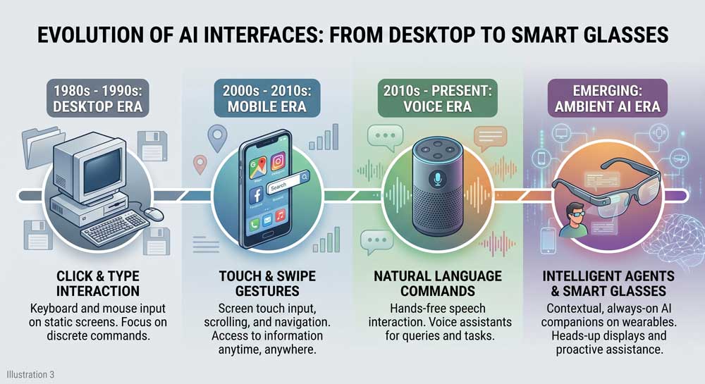 Google AI Agents Dominate I/O 2026: 5 Breakthroughs That Change Everything 4 AI interface evolution timeline leading to Google AI agents on smart glasses
