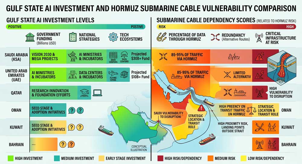 Gulf state AI investment and Hormuz submarine cable vulnerability comparison