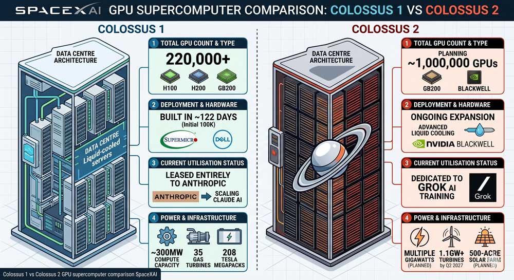 Colossus 1 vs Colossus 2 GPU supercomputer comparison SpaceXAI