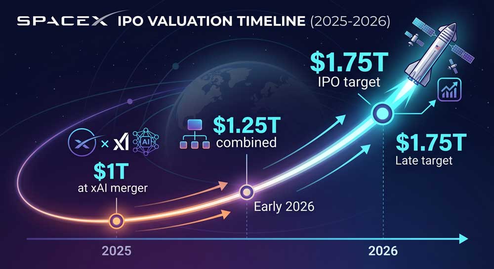 SpaceX IPO valuation timeline 2025 to 2026 targeting 1.75 trillion dollars