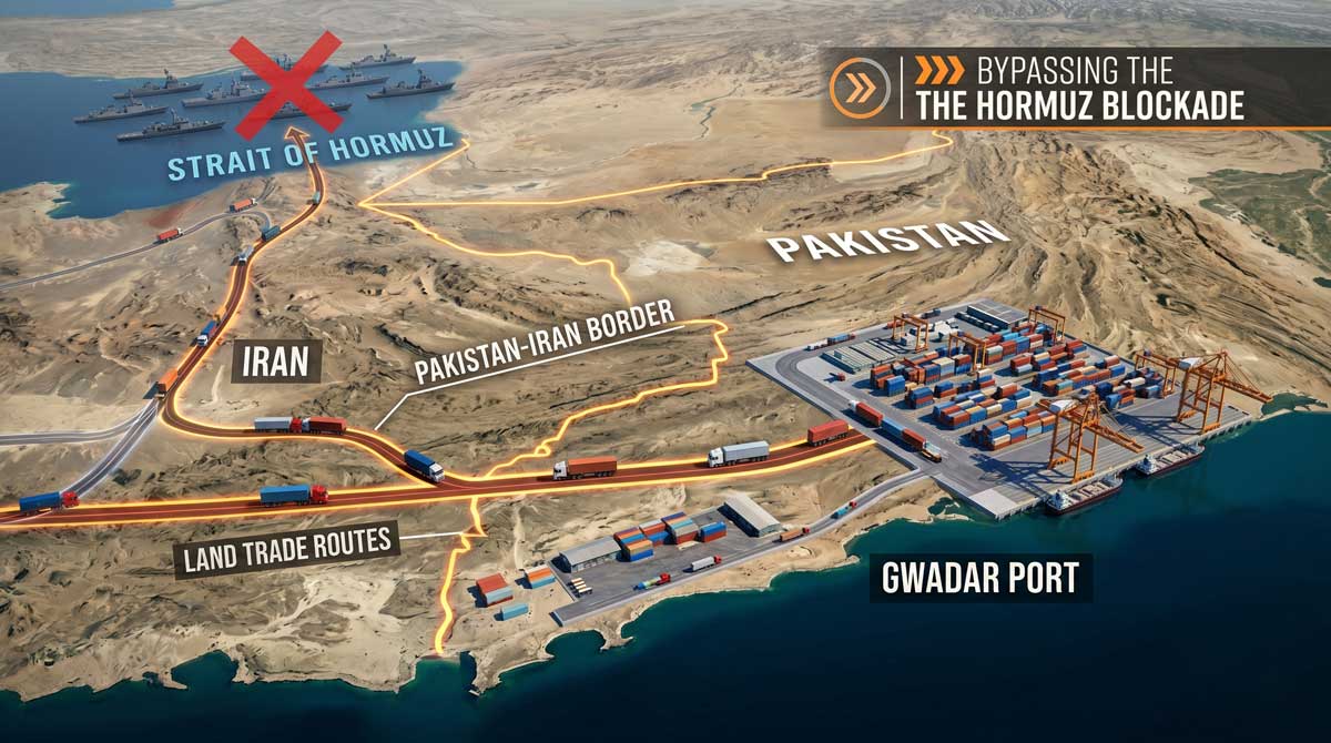 Pakistan Iran land trade routes map showing Gwadar Port corridors bypassing Hormuz blockade