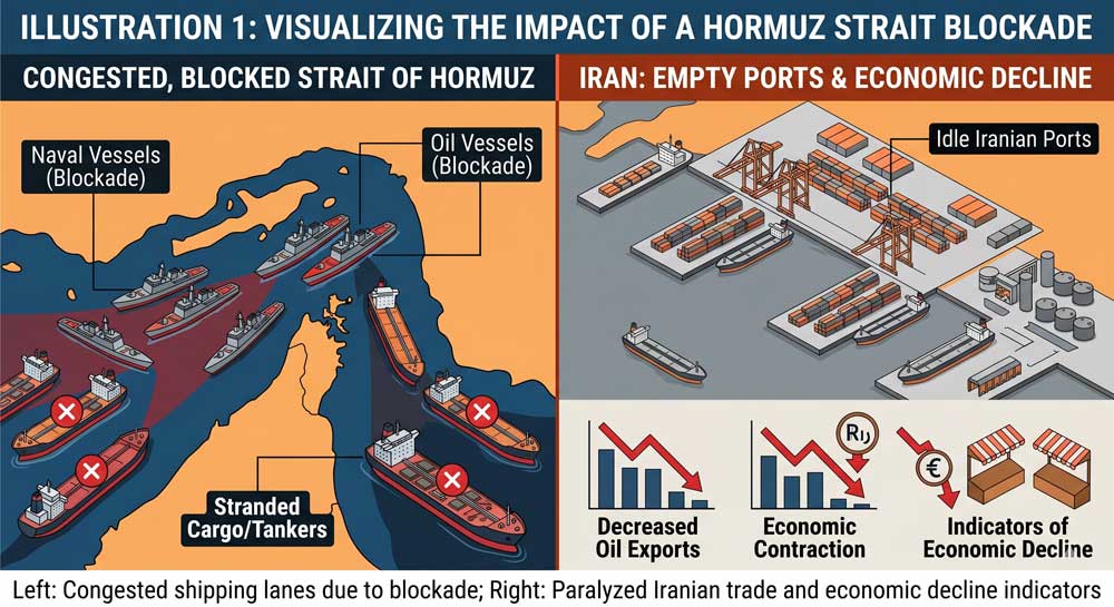 Hormuz Strait blockade impact on Iran oil exports and trade
