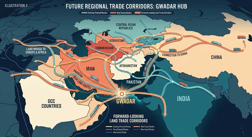 Regional trade map Pakistan Iran land routes connecting South Asia Middle East Central Asia