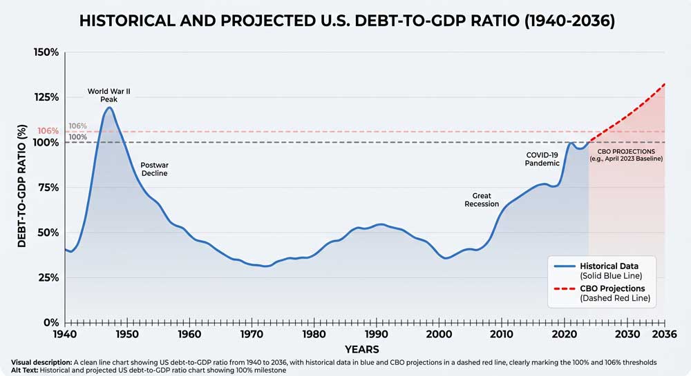 Historical and projected US debt-to-GDP ratio chart showing 100% milestone
