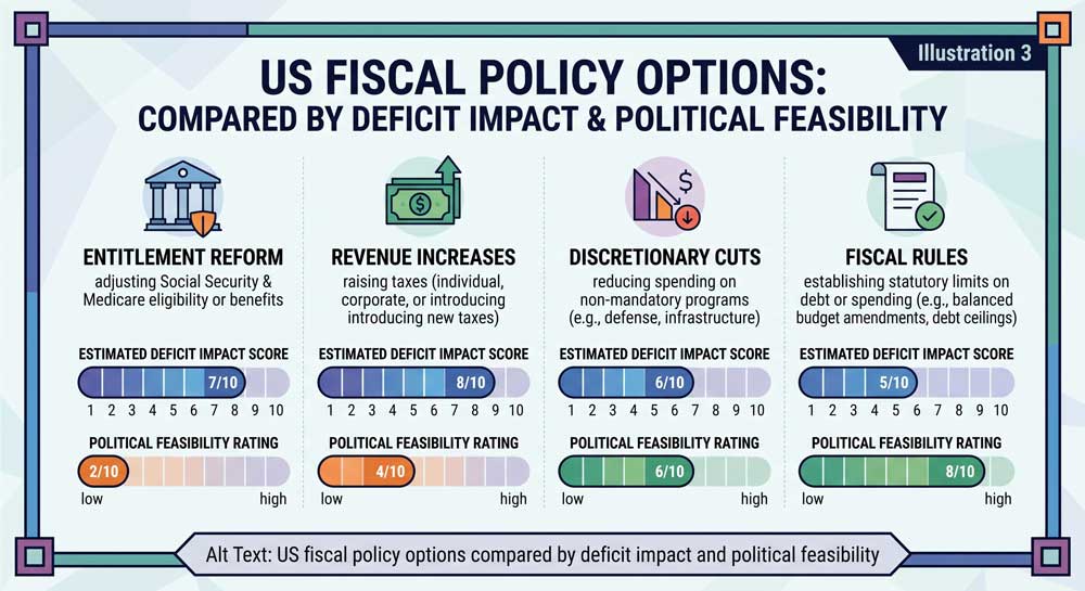 US fiscal policy options compared by deficit impact and political feasibility