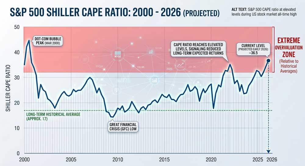S&P 500 CAPE ratio at elevated levels during US stock market all-time high