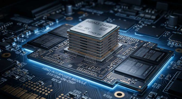 High bandwidth memory HBM chip stack on AI GPU interposer