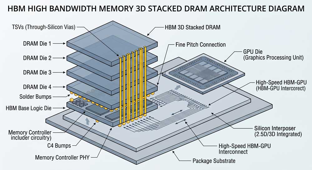 HBM high bandwidth memory 3D stacked DRAM architecture diagram