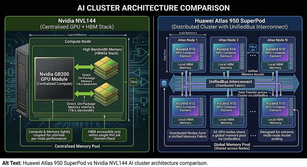 Huawei Atlas 950 SuperPod vs Nvidia NVL144 AI cluster architecture comparison