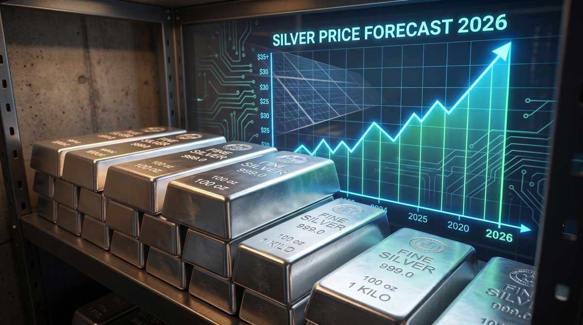 Silver price forecast 2026 — silver bars with rising price chart