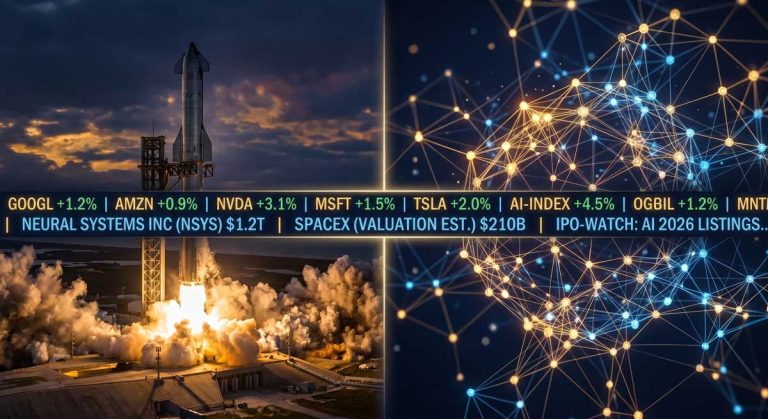 AI IPO 2026 — SpaceX rocket launch and AI data network representing trillion-dollar listings