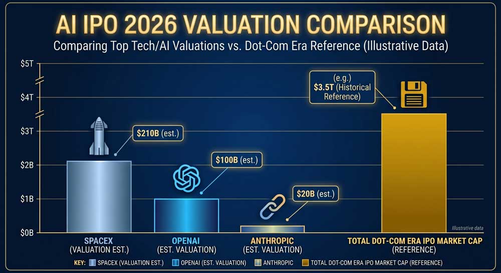 AI IPO 2026 valuation comparison — SpaceX, OpenAI, and Anthropic versus dot-com era