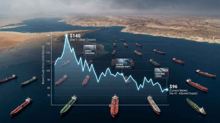 Iran war oil price chart showing Brent crude decline after Strait of Hormuz closure